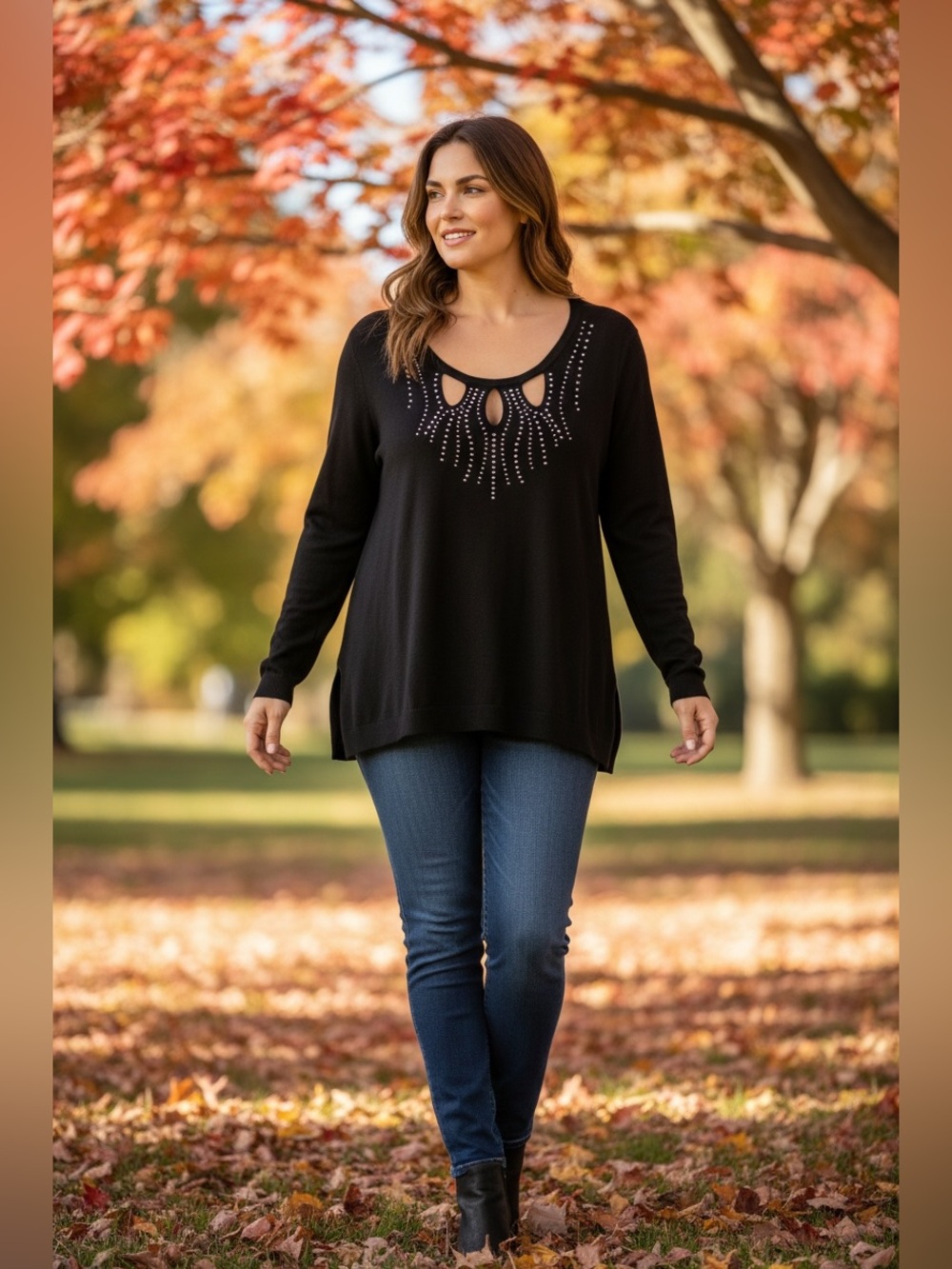 Black Stud-Embellished Cutout Pullover Sweater - Women